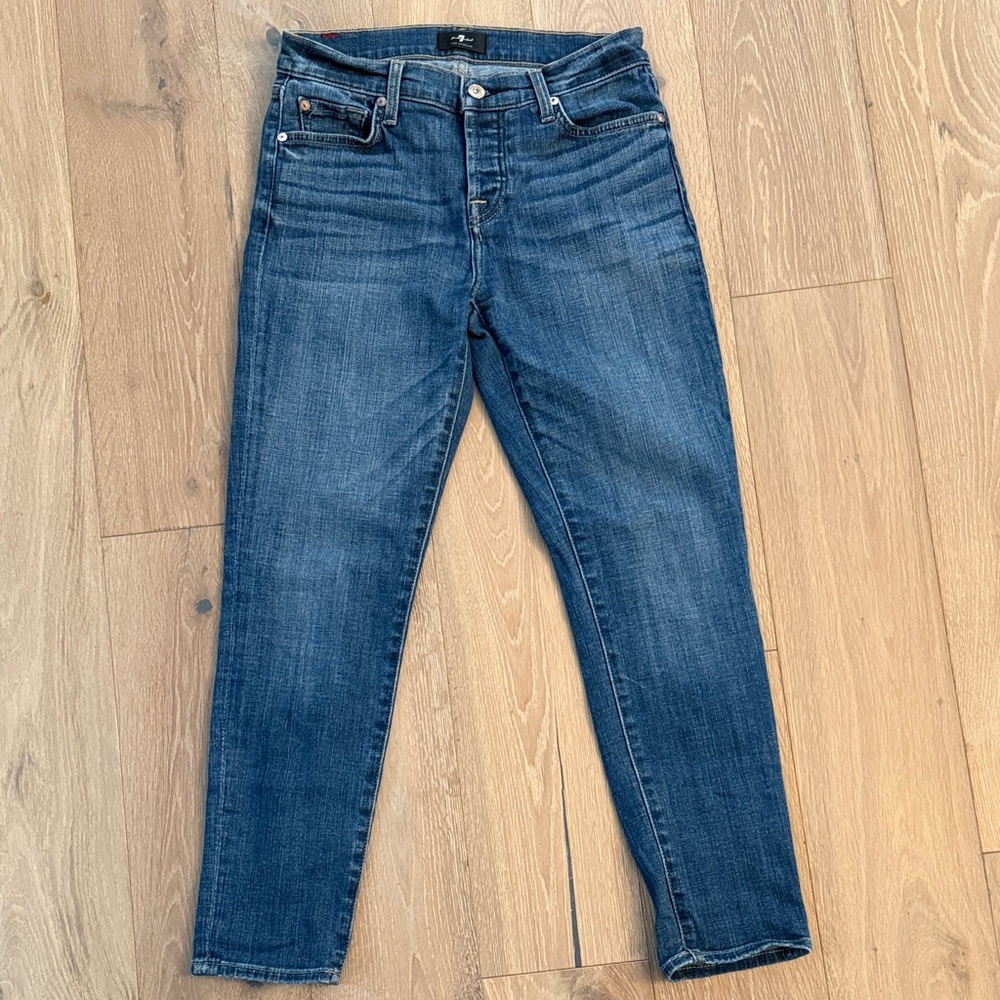 7 For All Mankind Medium Blue Denim Jeans with Contrast Stitching